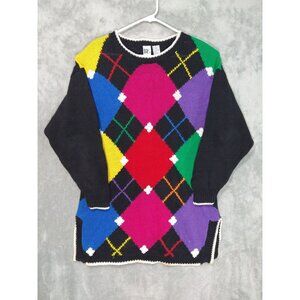 Vintage BE Sweater Womens Large Black Argyle Ramie Cotton Blend Pullover 90s